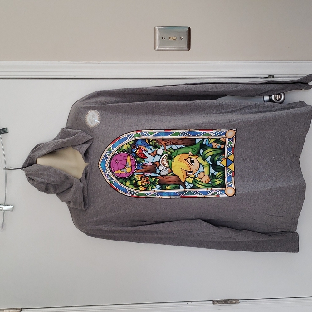 NWT 2016 Legend Of Zelda Wind Waker Stained Glass Link Hooded Shirt Size…